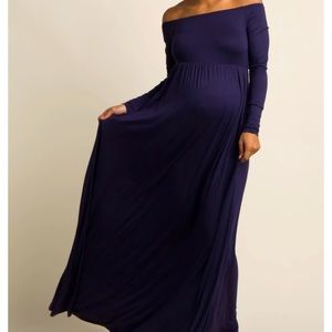 Pink Blush maternity Petite Navy Blue Solid Off Shoulder Maxi Dress size m